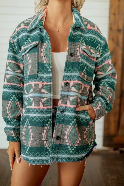 Geometric Print Button Front Long Sleeve Shacket