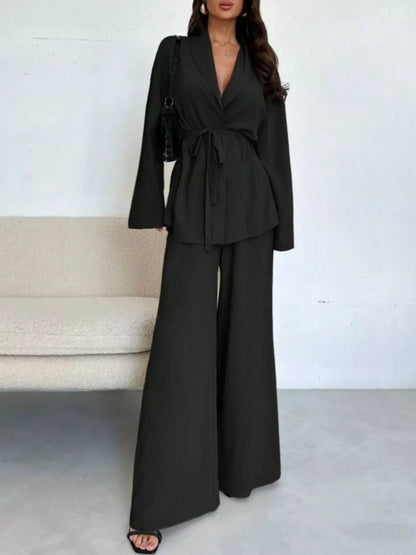 Textured Tie Waist Top and Wide-Leg Pants Set