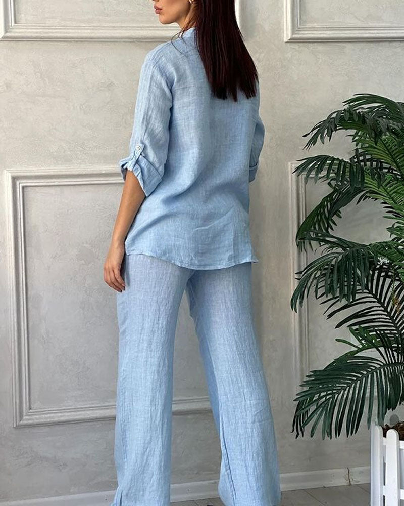 Solid Color Cotton Linen Long-sleeved Shirt & Lace-up Wide Leg Pants Two-piece Set