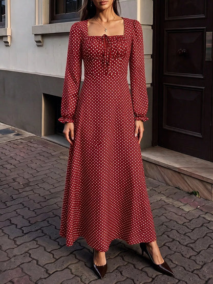 Square Neck Polka Dot Long Sleeve Maxi Dress