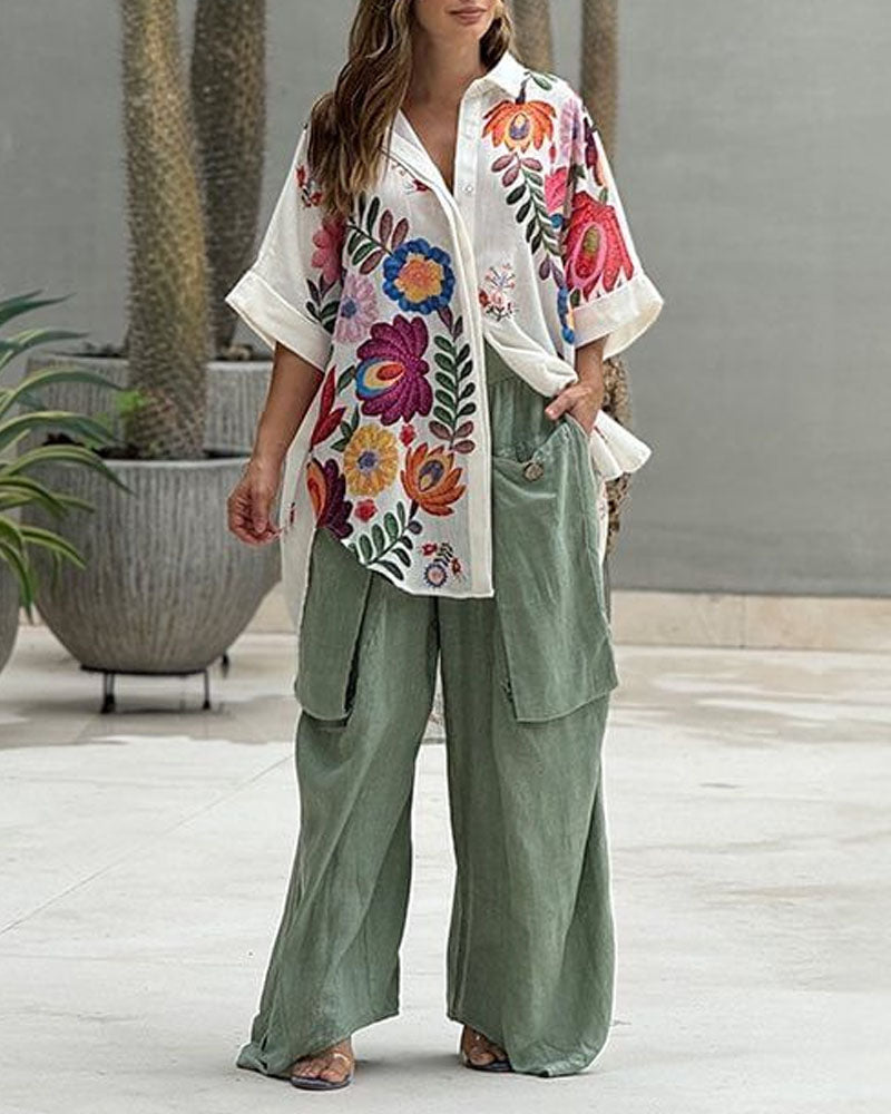 Casual Printed Shirt & Pocket Pants Two-Piece Set