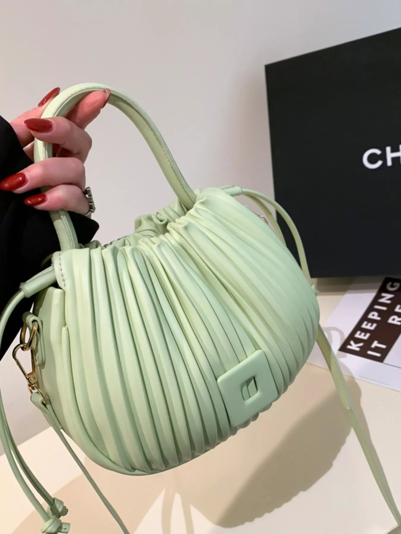 Pleated Bucket Crossbody Bag with