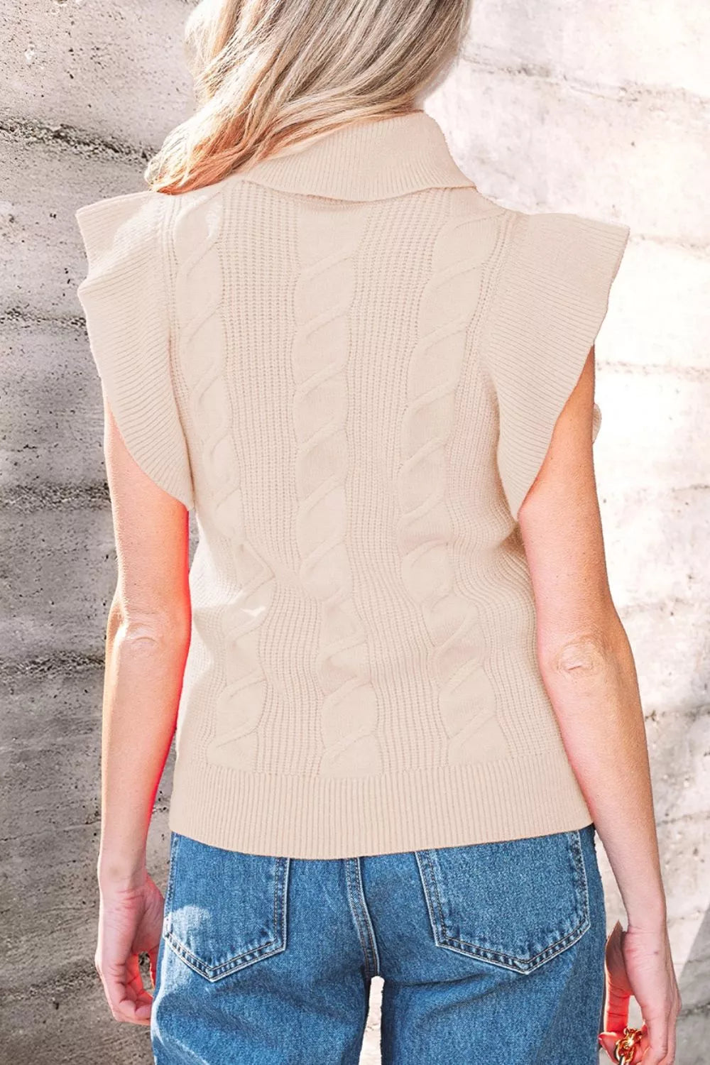 Cable Knit Turtleneck Ruffled Short Sleeve Sweater