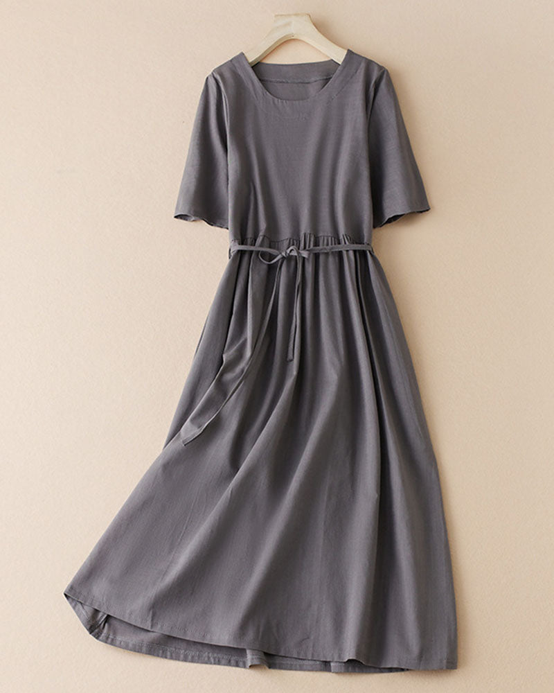 Cotton Linen Round Neck Casual Dress