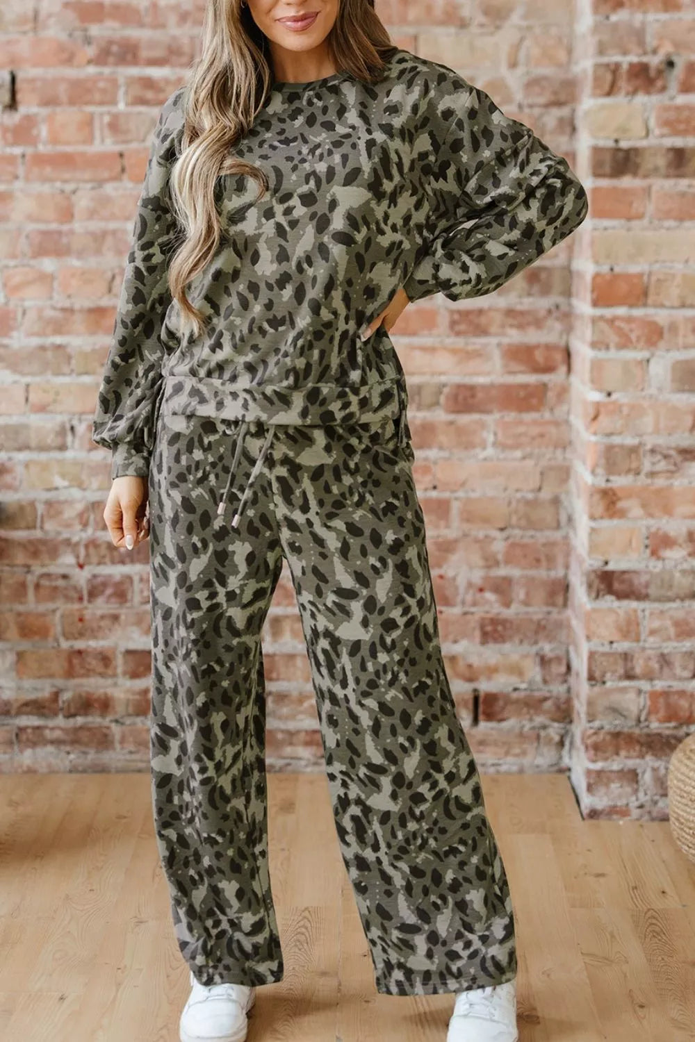 Leopard Print Long Sleeve Top and Pants Set