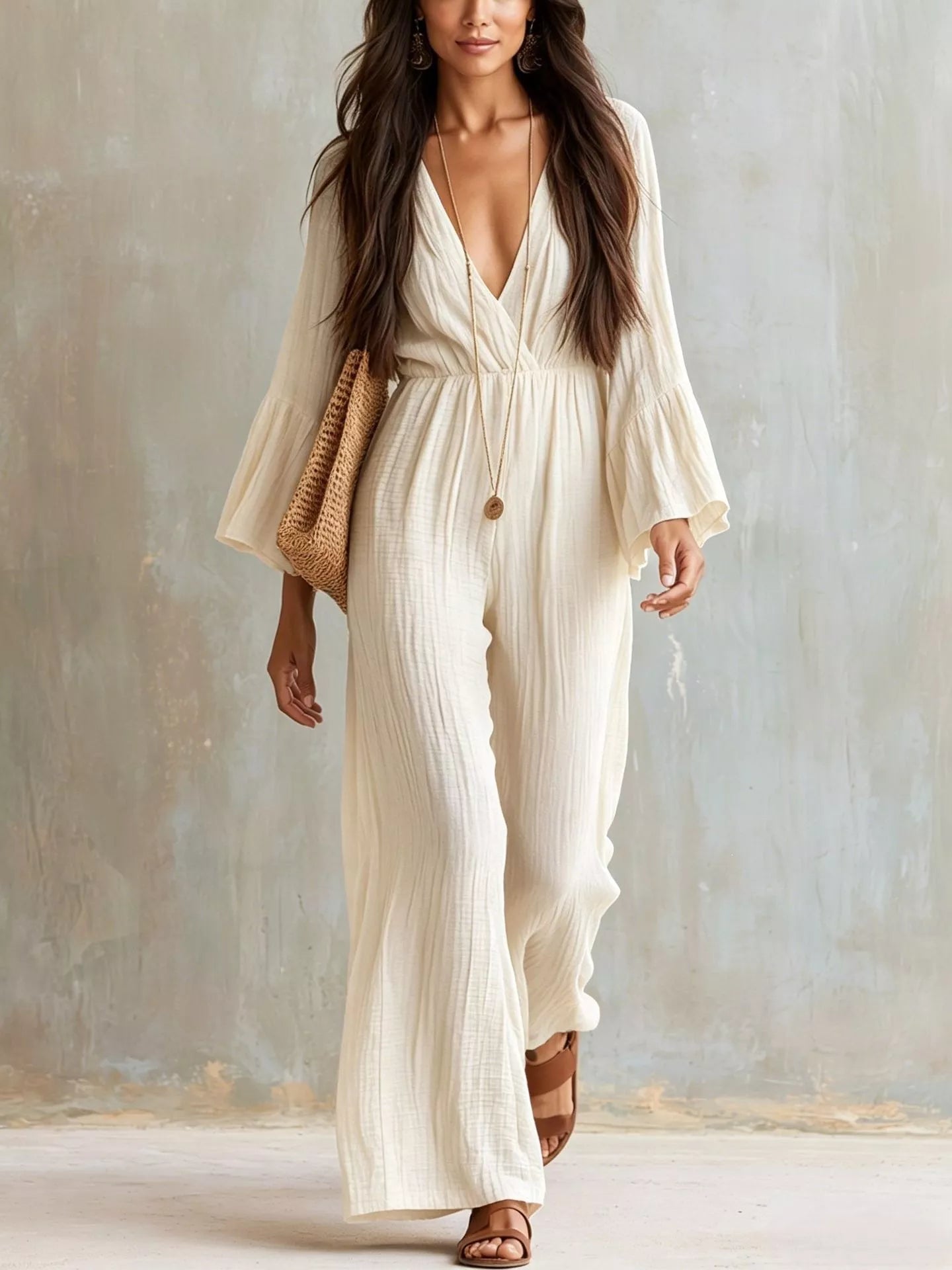 Textured Flare Sleeve Jumpsuit