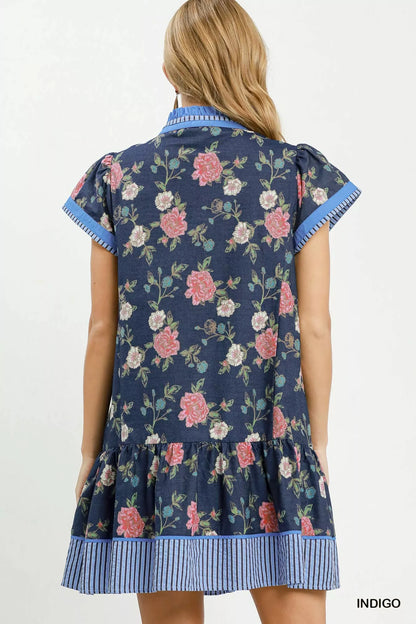 Umgee Floral Contrast Trim Ruffle Hem Mini Dress