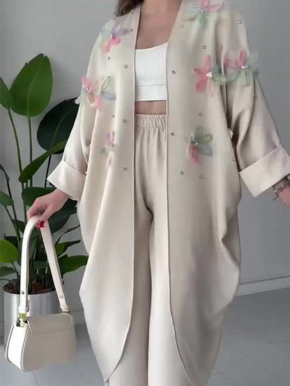 Crafted Floral Cardigan And Trousers Suit