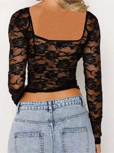 Blue Zone Planet | Lace Sweetheart Neck Long Sleeve T-Shirt