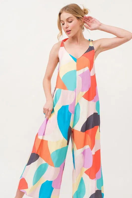 And The Why Tied Shoulder Straps Wide-Leg Geo Print Jumpsuit