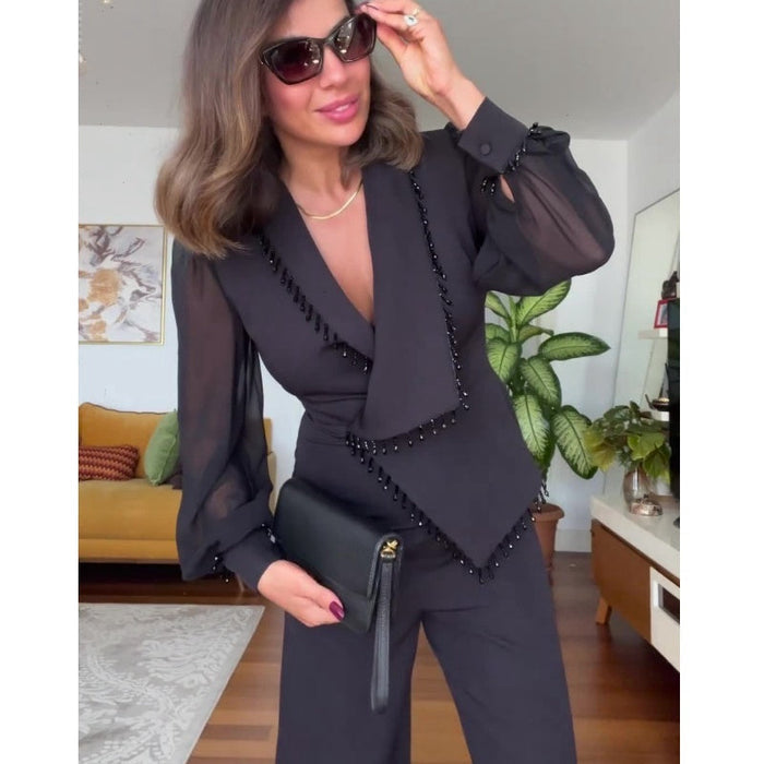 Ensemble haut en maille perlée et pantalon large pour femme