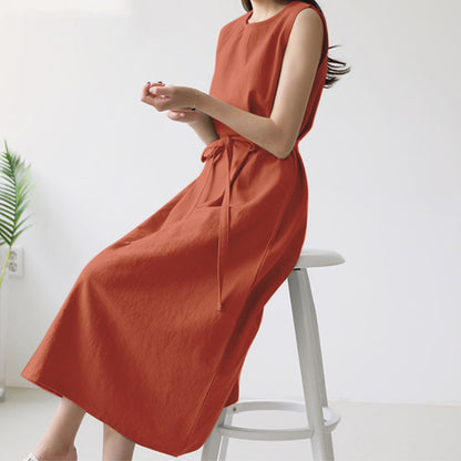 Casual Sleeveless Belted Cotton Dress