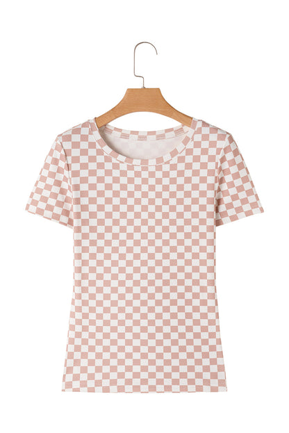 Pink Checkered Ribbed Slim Fit Crew Neck T Shirt