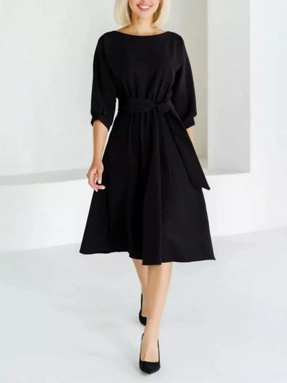 Elegant Belted Waist Midi Dress