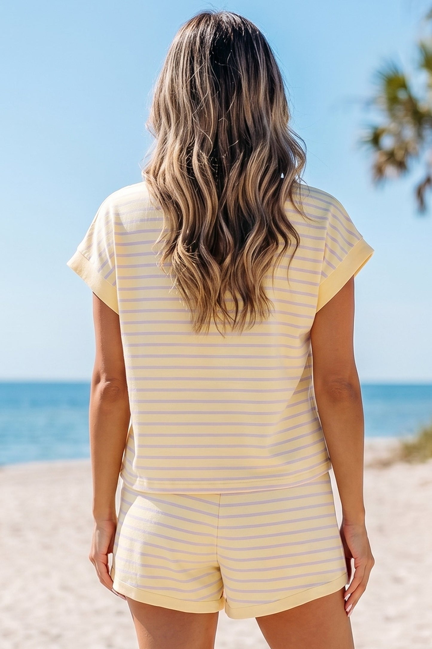 Yellow Stripe Relaxed Tee Drawstring Shorts 2pcs Outfit