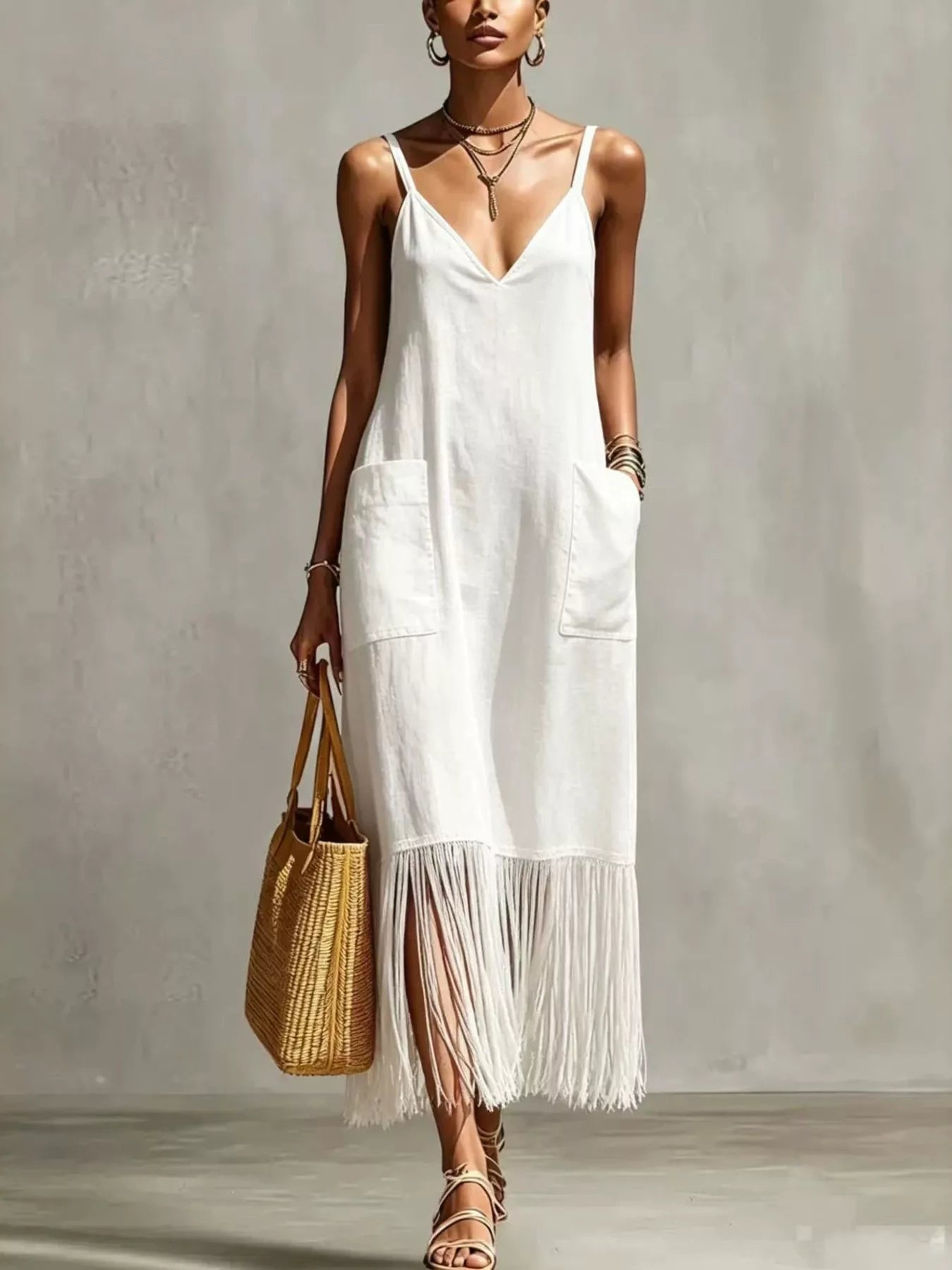 Full Size Fringe Spaghetti Strap V-Neck Dress Plus Size