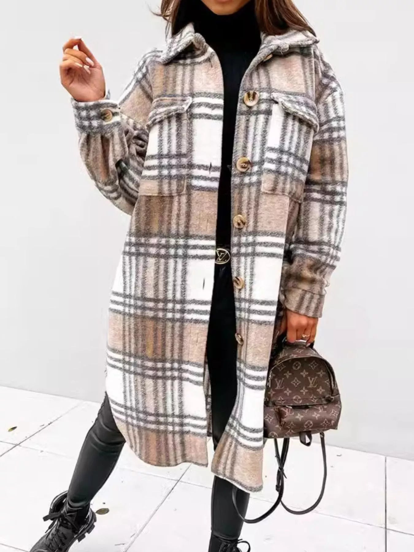 Longline Plaid Button-Up Coat for Women | Boutique Outerwear