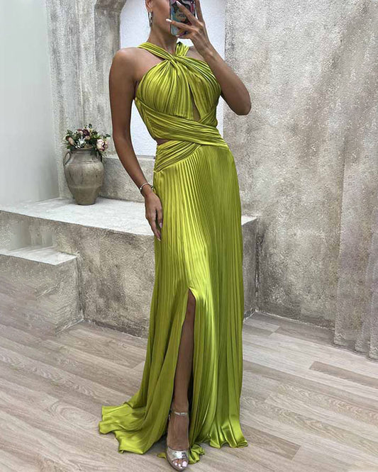 Party pleated halterneck slit dress