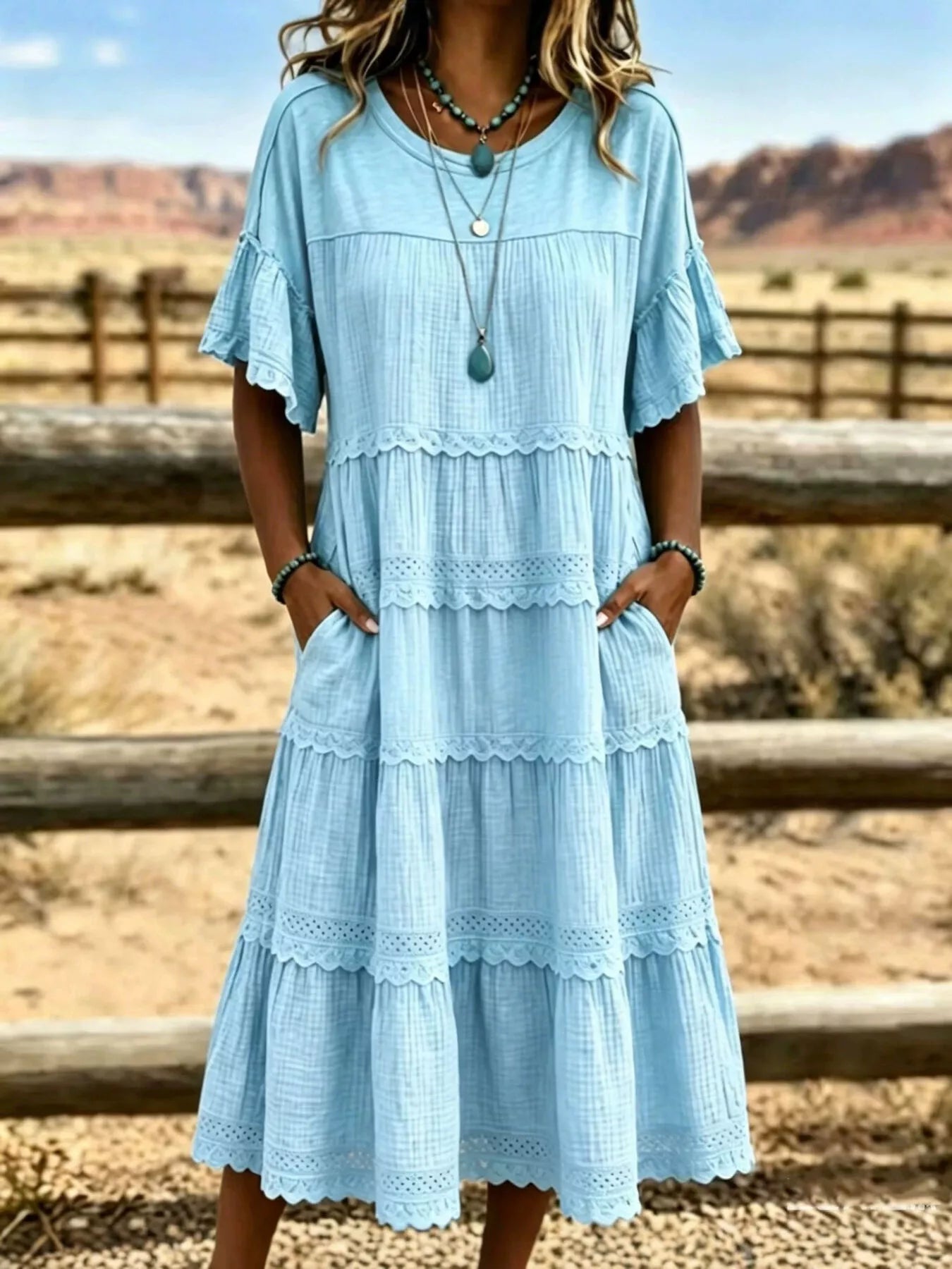 Plus Size Tiered Ruffle Sleeve Midi Dress with Pockets