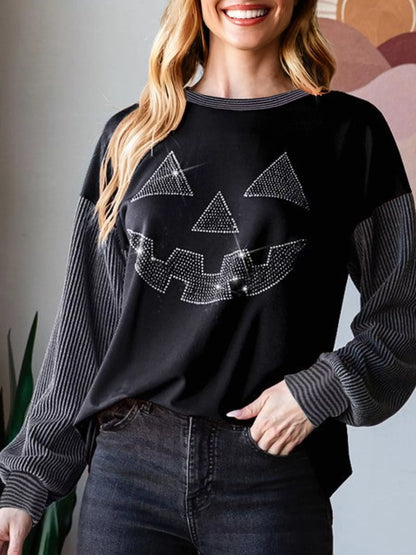 Halloween Rhinestone Pumpkin Face Contrast Ribbed Long Sleeve Patchwork Top