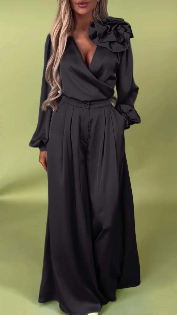 Costumes deux pièces élégants en satin à col en V pour femmes