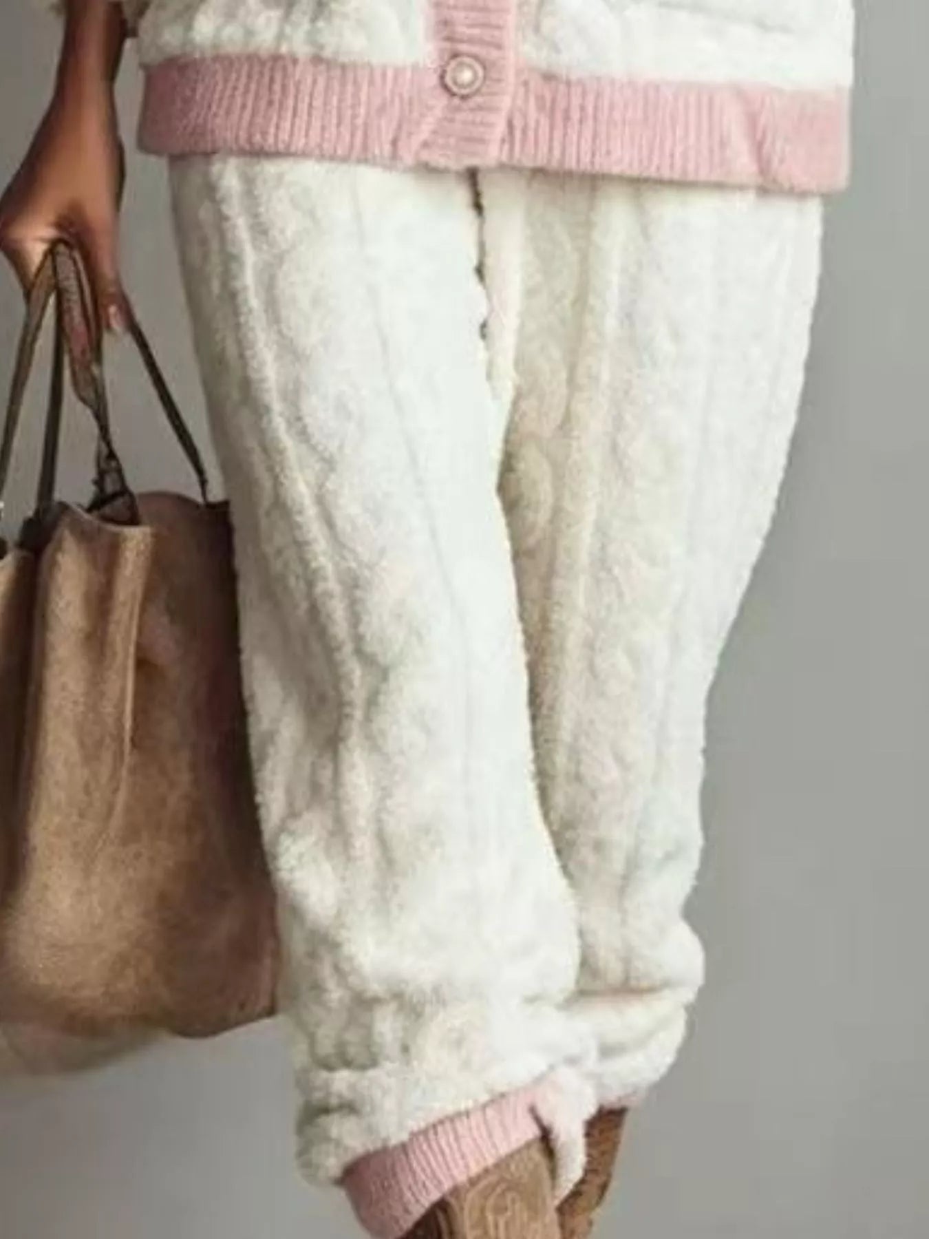 Peach Fleece Contrast Trim Top and Pants Lounge Set