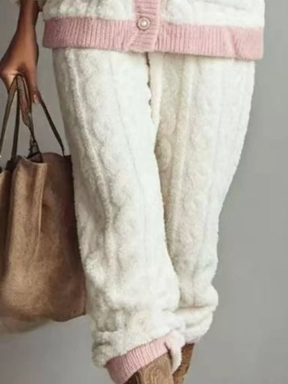 Peach Fleece Contrast Trim Top and Pants Lounge Set