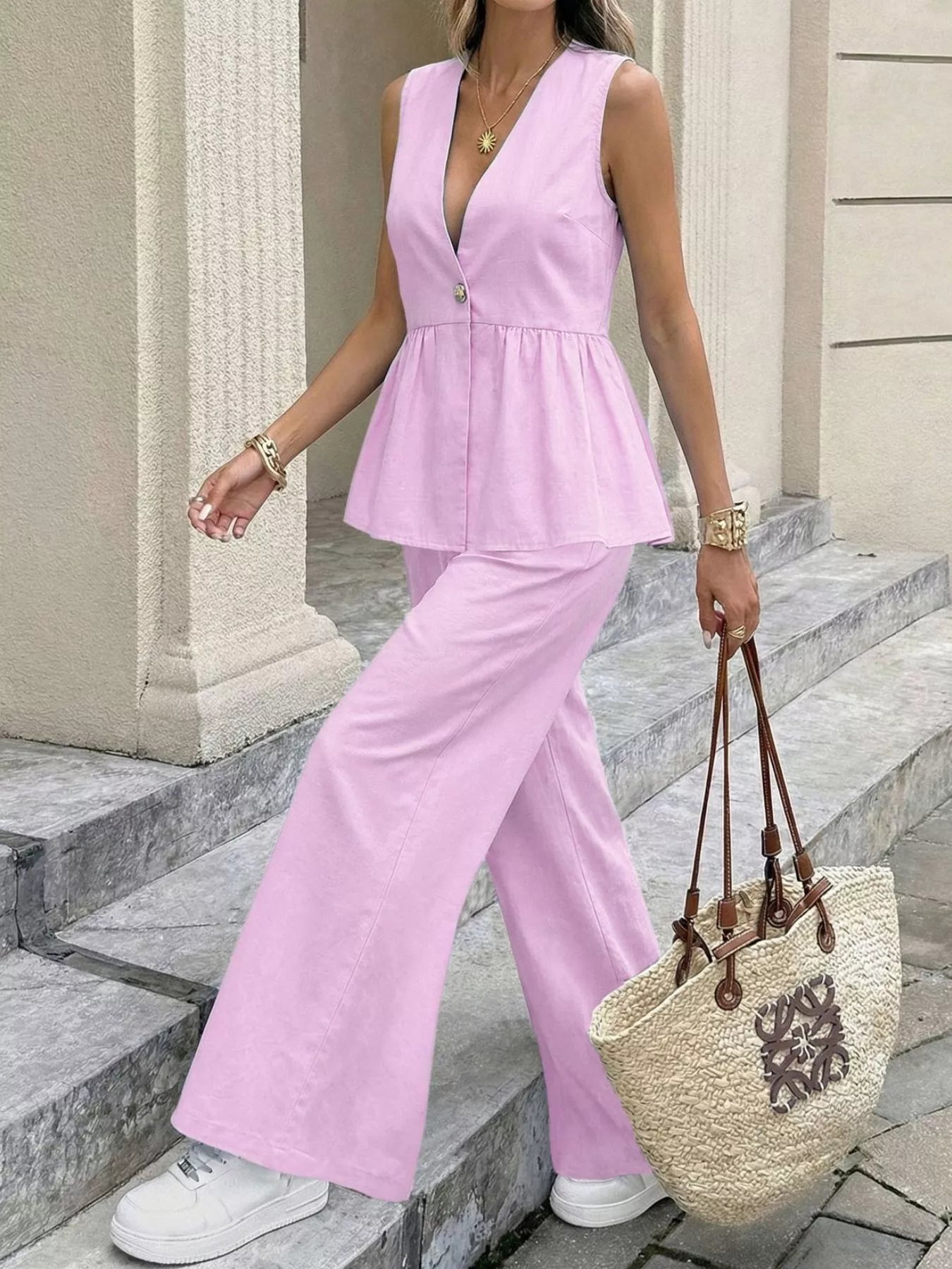 V-Neck Sleeveless Peplum Top and Wide-Leg Pants Set