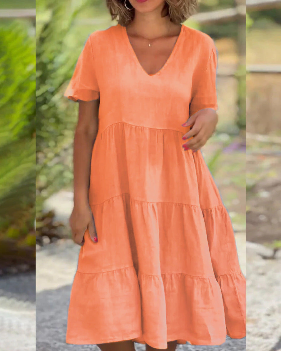 V-neck Solid Color A Line Dress