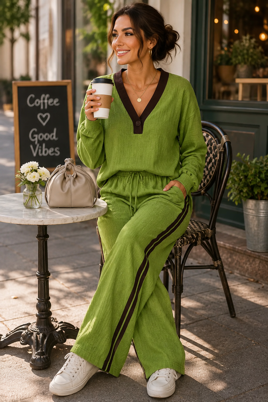 Contrast V-Neck Top and Striped Pants Set | Diva USA