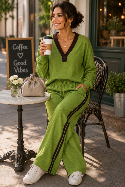 Contrast V-Neck Top and Striped Pants Set | Diva USA