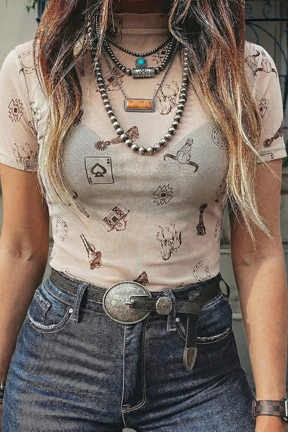 Oatmeal Western Printed Mesh Short Sleeve Top