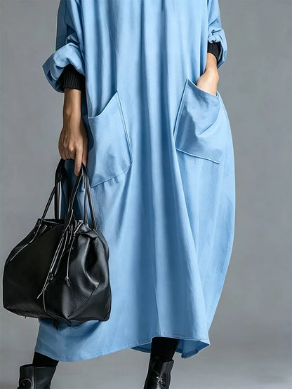 Full Size Loose-Fit Mock Neck Midi Dress with Pockets Plus Size