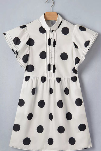 Polka Dot Print Half Button Ruffled Short Sleeve Loose Mini Dress