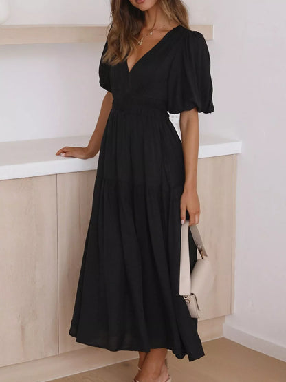 Elegant Puff Sleeve V-Neck Midi Dress