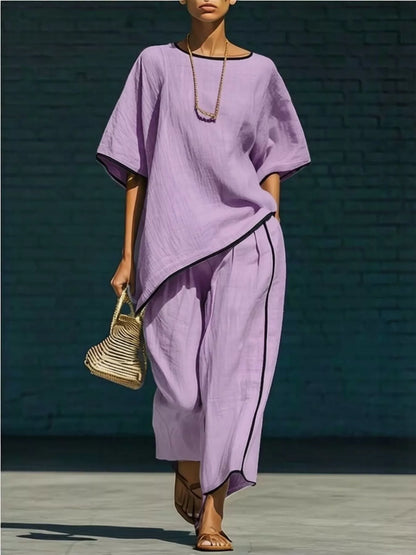 Contrast Trim Round Neck Top and Pants Set