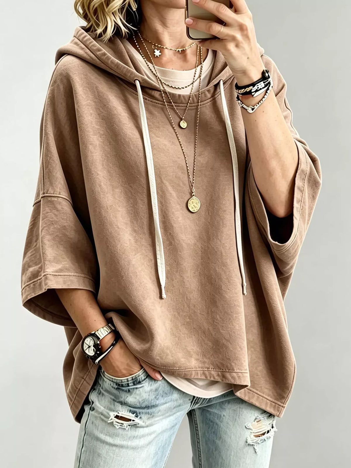 Drawstring 3/4 Sleeve Hoodie