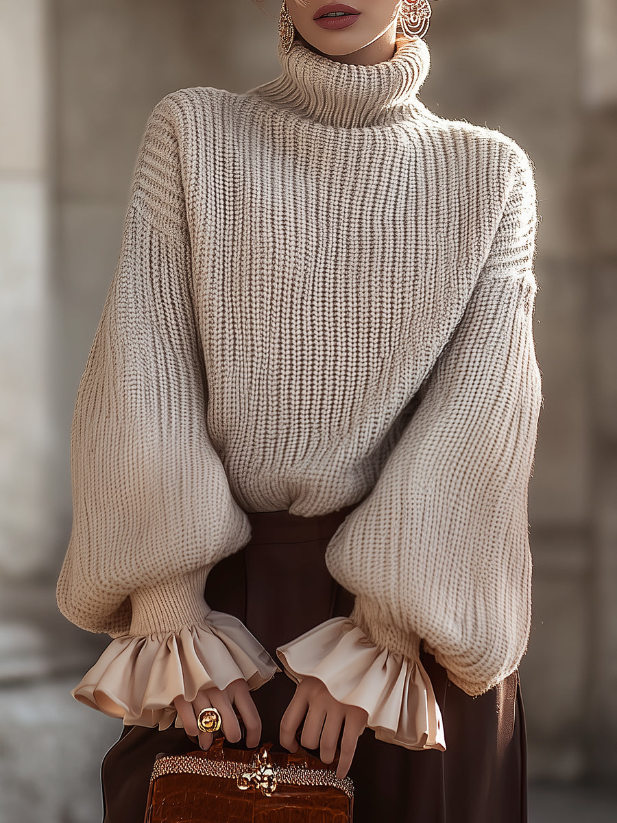 Cream Knit Turtleneck Sweater With Ruffled Cuffs