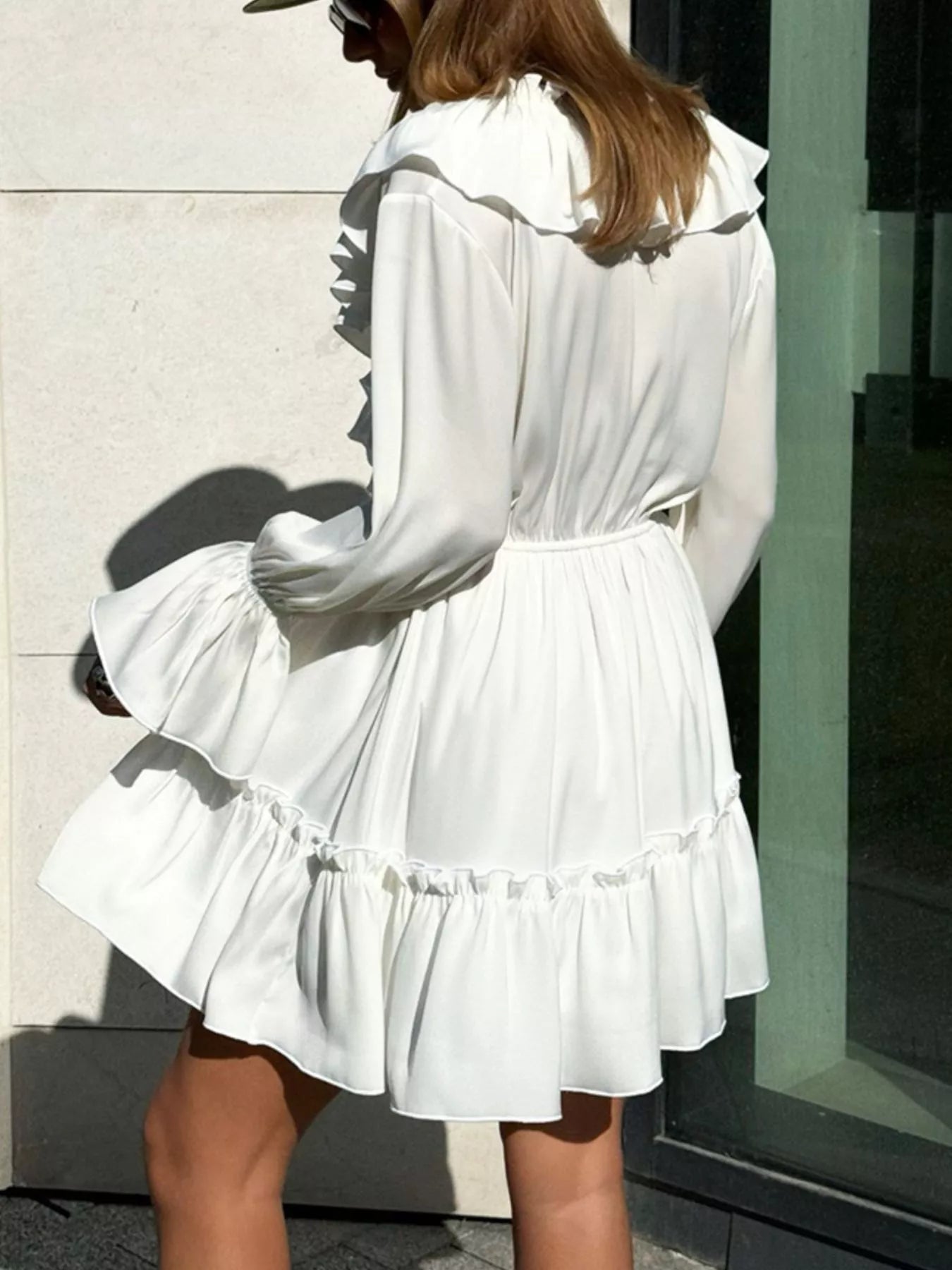 Ruffled V-Neck Long Sleeve Mini Dress