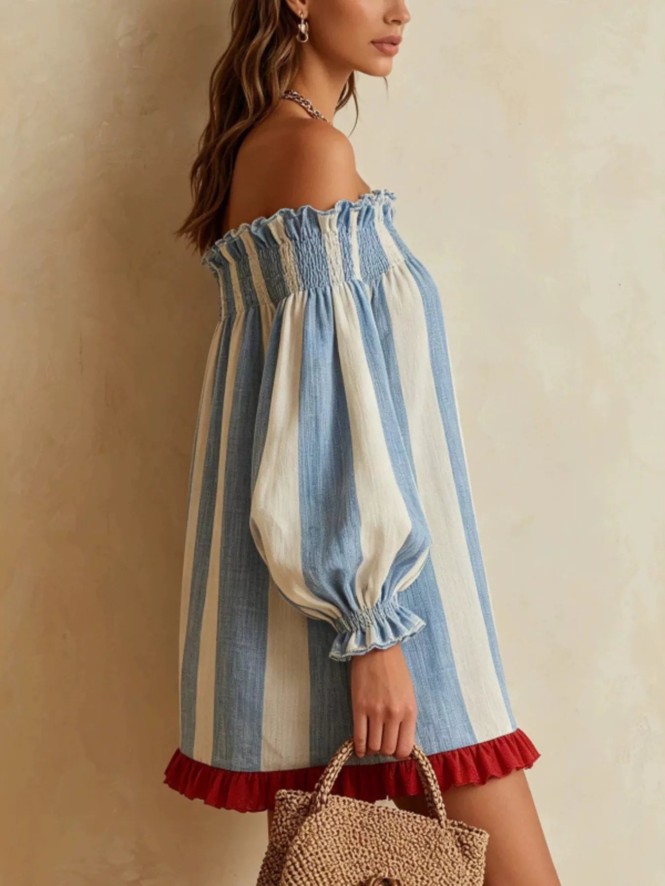 Off-Shoulder Striped Ruffle Hem Mini Dress