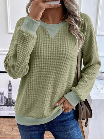 Waffle Knit Crew Neck Long Sleeve Sweatshirt