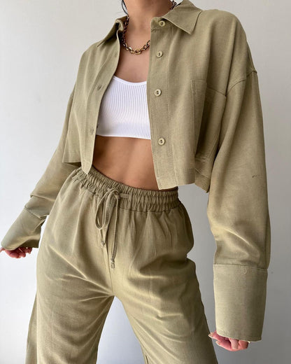 Solid Color Long Sleeves Shirt & Drawstring Pants Suit