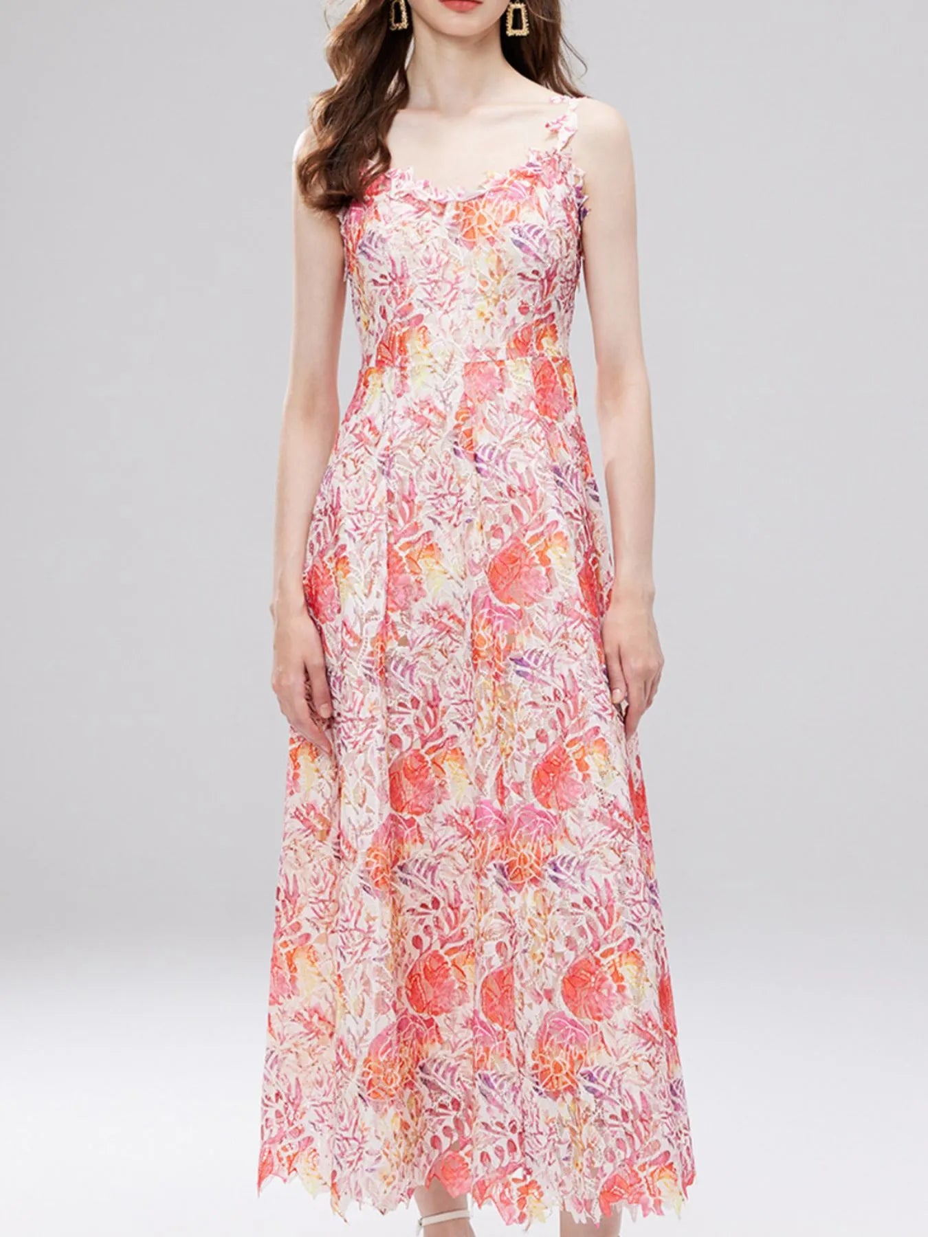 Floral Lace Sleeveless V-Neck Midi Dress