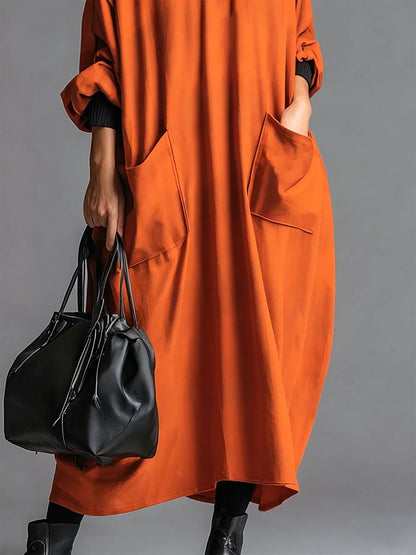 Full Size Loose-Fit Mock Neck Midi Dress with Pockets Plus Size