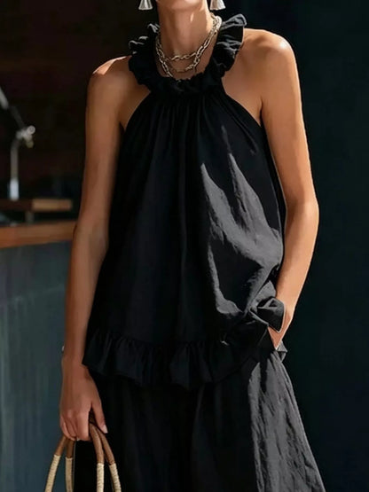 Full Size Ruffled Halter Neck Top and Wide-Leg Pants Set Plus Size