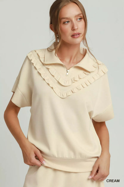 Umgee Ruffle Quarter Zip Short Sleeve Top