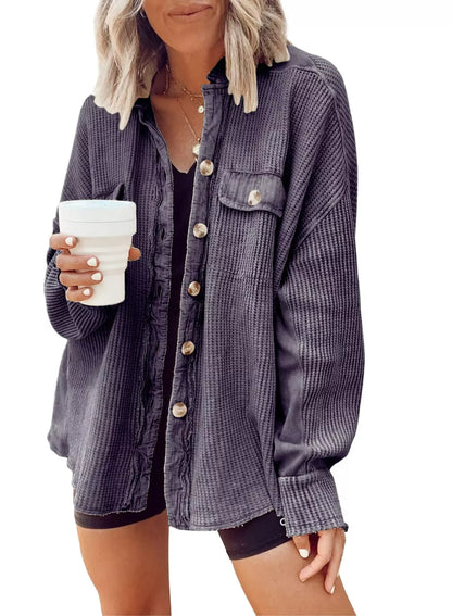Oversized Waffle Knit Button-Up Jacket