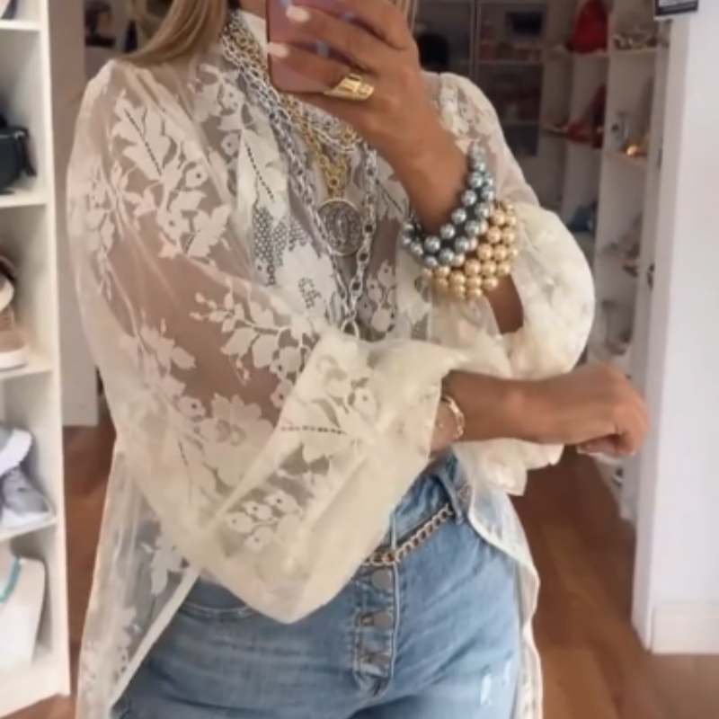 Haut décontracté en dentelle à col rond, devant court et dos long