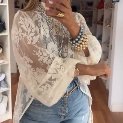 Haut décontracté en dentelle à col rond, devant court et dos long