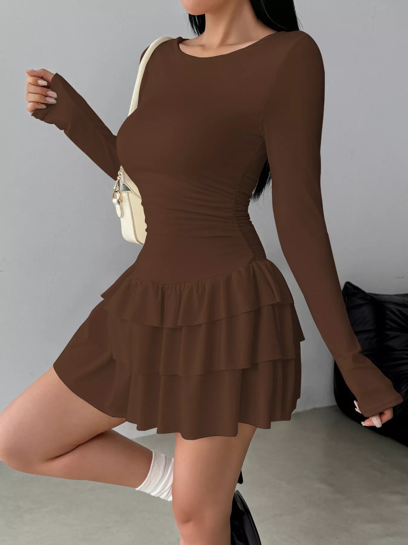 Elara's Ruched Long Sleeve Layered Ruffle Mini Dress